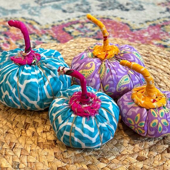 Anthropologie Other - Anthropologie Terrain RECYCLED SARI PUMPKINS SET OF 4 India Turquoise & Purple